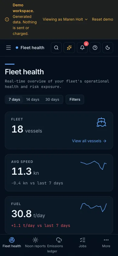 Fleet health on a phone with the bottom tab bar